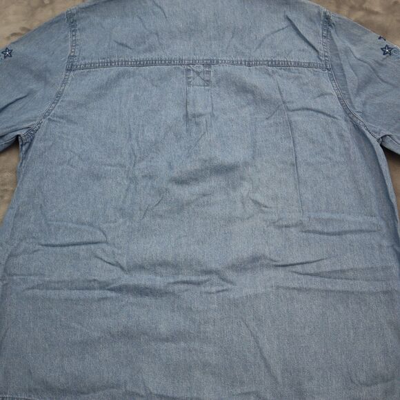 Passion-I Shirt Womens L Blue Denim Button Front Floral Embroidered Pocket - Picture 16 of 16